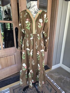 Umgee Floral Midi Dress with Green & Coral Trim-NWT